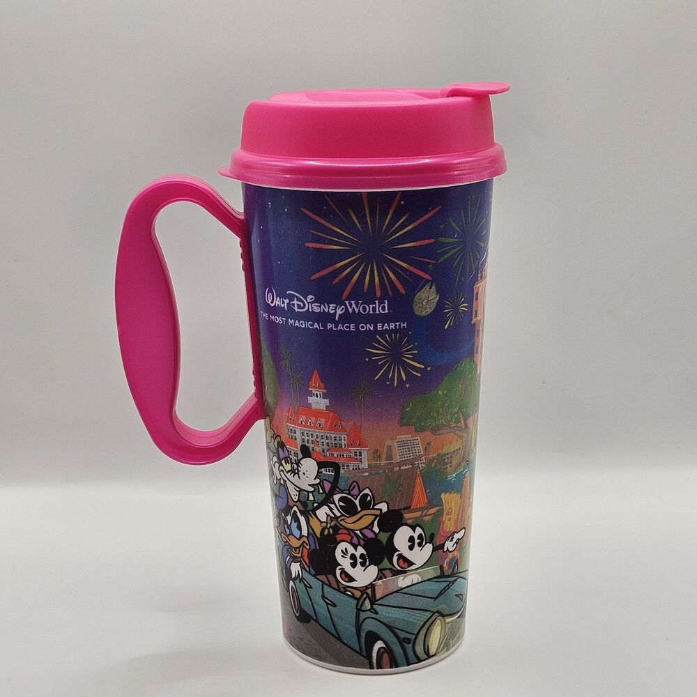 Walt Disney World Mickey Friends Whirley Refillable Travel Mug Pink Handle...